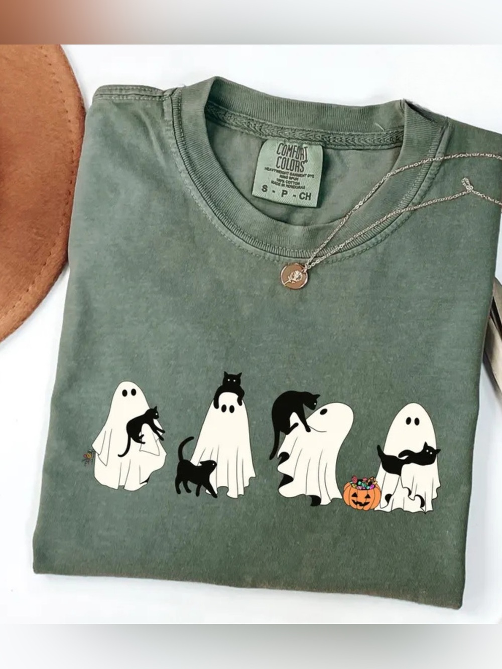 Comfort Colors Olive Green Ghosts & Black Cats Short Sleeve Tee
